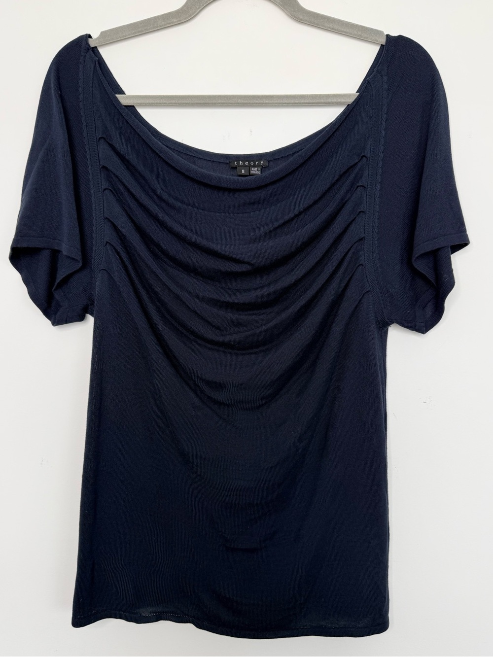 Theory Navy Draped Short Sleeve Top Size Small - Picture 2 of 8